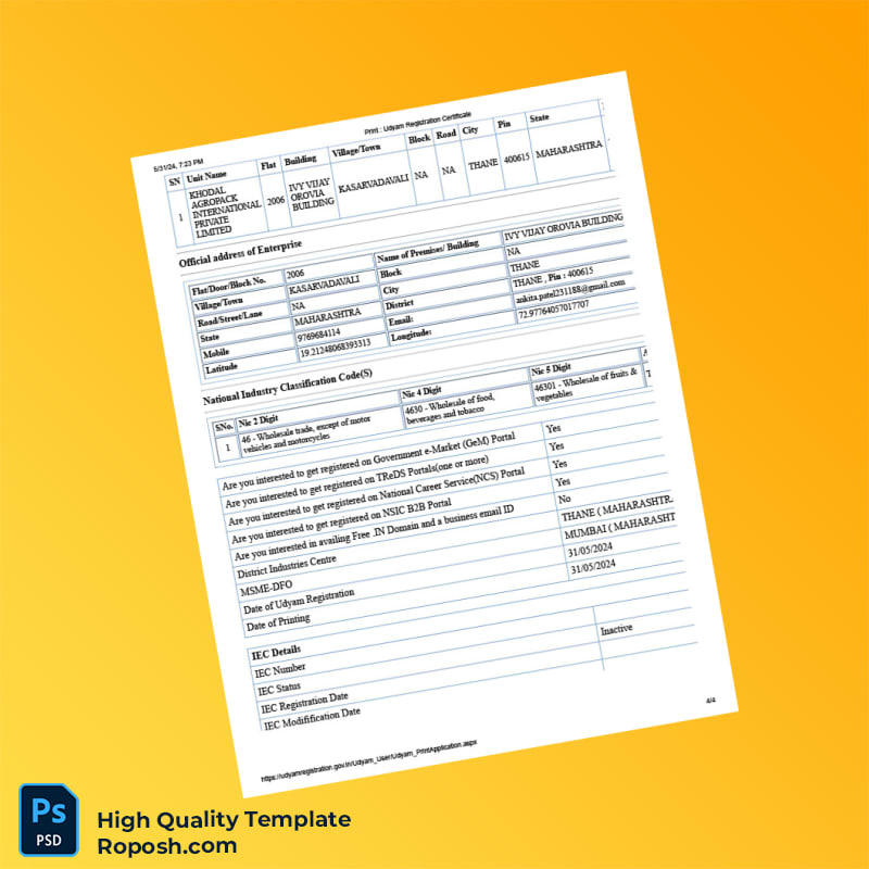 India Ministry of Micro Small and Medium Enterprises Editable MSME Registration Certificate Template in Word and PDF formats 4 page India Ministry of Micro Small and Medium Enterprises Editable MSME Registration Certificate Template in Word and PDF formats 4 page
