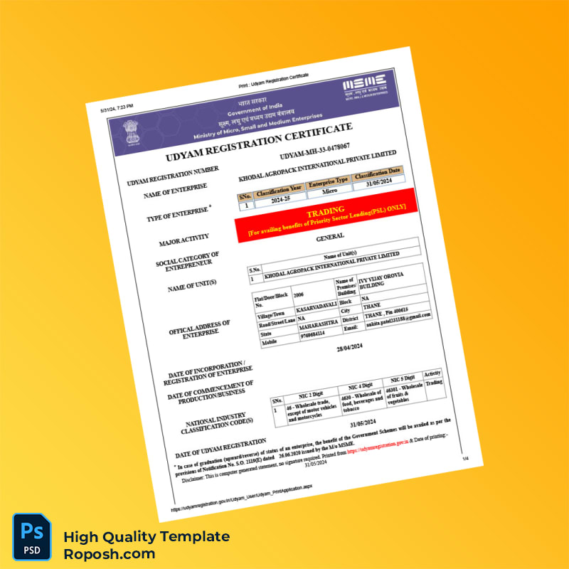 India Ministry of Micro Small and Medium Enterprises Editable MSME Registration Certificate Template in Word and PDF formats 4 page India Ministry of Micro Small and Medium Enterprises Editable MSME Registration Certificate Template in Word and PDF formats 4 page