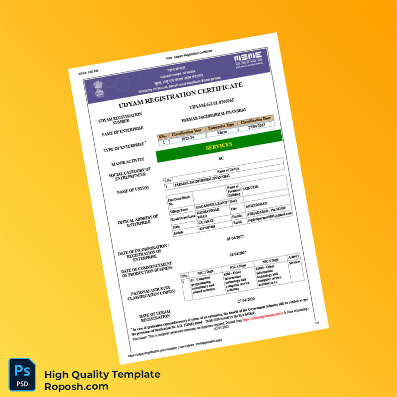 India Ministry of Micro Small and Medium Enterprises Editable Udyam Registration Certificate Template in Word and PDF formats 4 page India Ministry of Micro Small and Medium Enterprises Editable Udyam Registration Certificate Template in Word and PDF formats 4 page