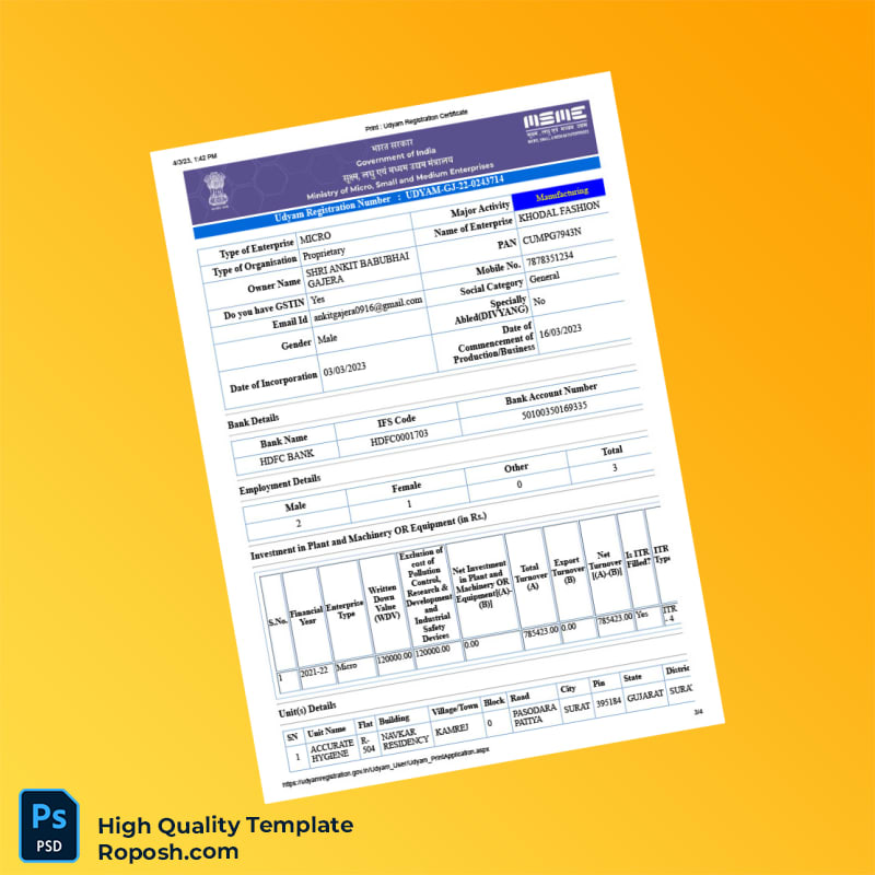 India Ministry of Micro Small and Medium Enterprises Editable Udyam Registration Certificate Template in Word and PDF formats 4 page India Ministry of Micro Small and Medium Enterprises Editable Udyam Registration Certificate Template in Word and PDF formats 4 page