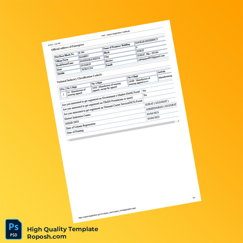 India Ministry of Micro Small and Medium Enterprises Editable Udyam Registration Certificate Template in Word and PDF formats 4 page India Ministry of Micro Small and Medium Enterprises Editable Udyam Registration Certificate Template in Word and PDF formats 4 page