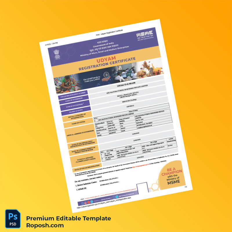 Customizable India Ministry of Micro Small and Medium Enterprises MSME Registration Certificate Editable Word & PDF Template 2 page Customizable India Ministry of Micro Small and Medium Enterprises MSME Registration Certificate Editable Word & PDF Template 2 page