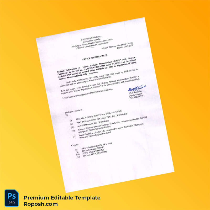 Customizable India Ministry of Micro Small and Medium Enterprises Office Memorandum Editable Word & PDF Template 3 page Customizable India Ministry of Micro Small and Medium Enterprises Office Memorandum Editable Word & PDF Template 3 page