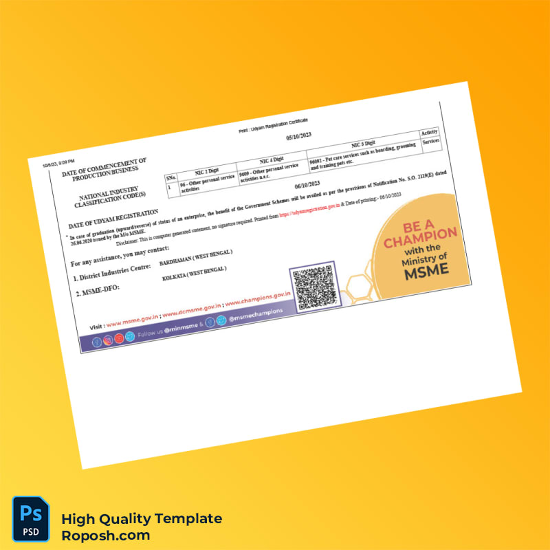 India Ministry of Micro Small and Medium Enterprises Udyam Registration Certificate Template in Word and PDF formats 5 page India Ministry of Micro Small and Medium Enterprises Udyam Registration Certificate Template in Word and PDF formats 5 page