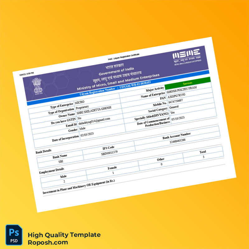 India Ministry of Micro Small and Medium Enterprises Udyam Registration Certificate Template in Word and PDF formats 5 page India Ministry of Micro Small and Medium Enterprises Udyam Registration Certificate Template in Word and PDF formats 5 page