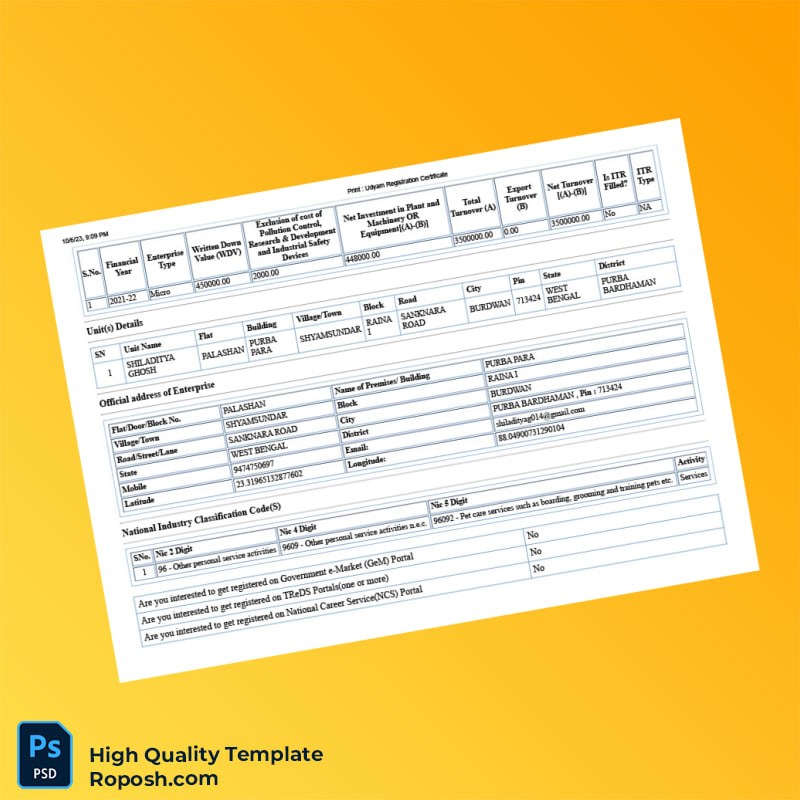 India Ministry of Micro Small and Medium Enterprises Udyam Registration Certificate Template in Word and PDF formats 5 page India Ministry of Micro Small and Medium Enterprises Udyam Registration Certificate Template in Word and PDF formats 5 page