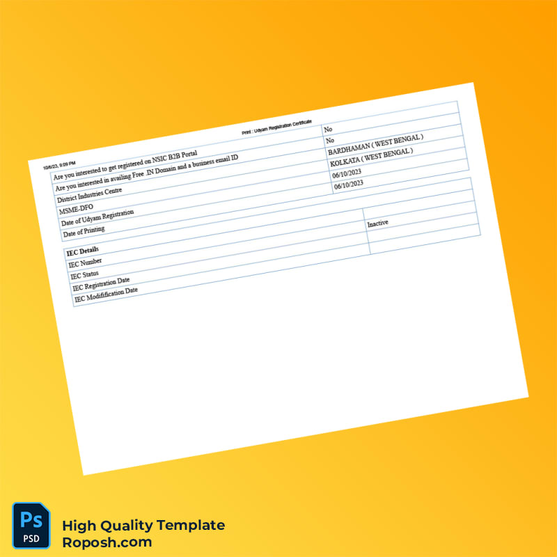 India Ministry of Micro Small and Medium Enterprises Udyam Registration Certificate Template in Word and PDF formats 5 page India Ministry of Micro Small and Medium Enterprises Udyam Registration Certificate Template in Word and PDF formats 5 page