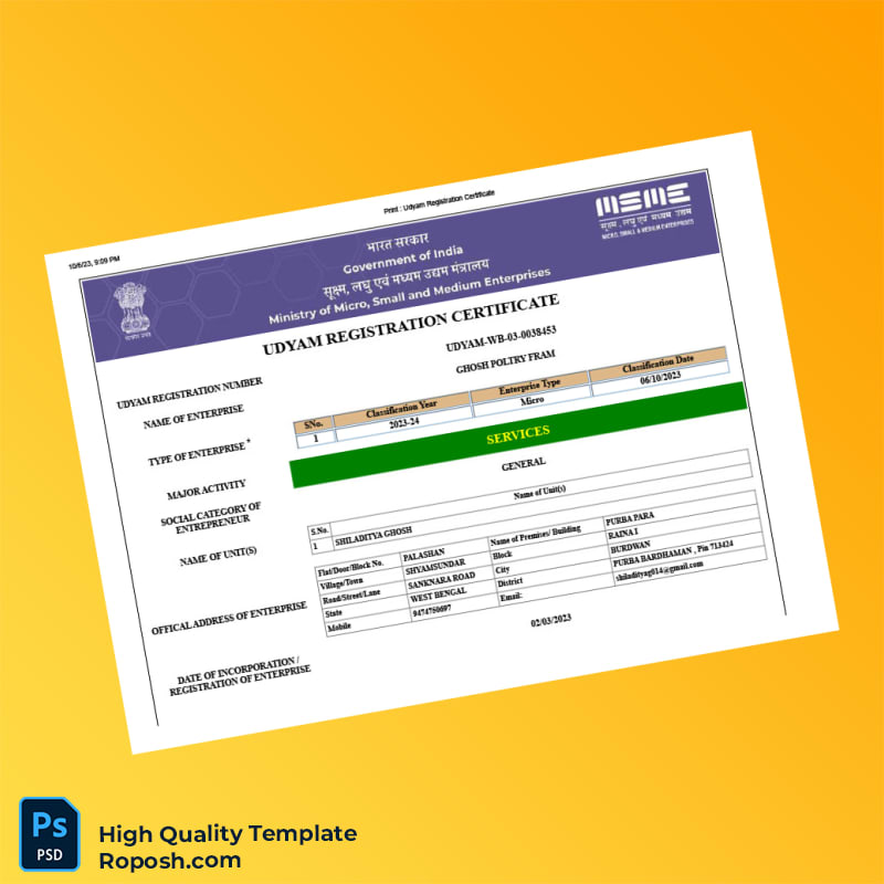 India Ministry of Micro Small and Medium Enterprises Udyam Registration Certificate Template in Word and PDF formats 5 page India Ministry of Micro Small and Medium Enterprises Udyam Registration Certificate Template in Word and PDF formats 5 page
