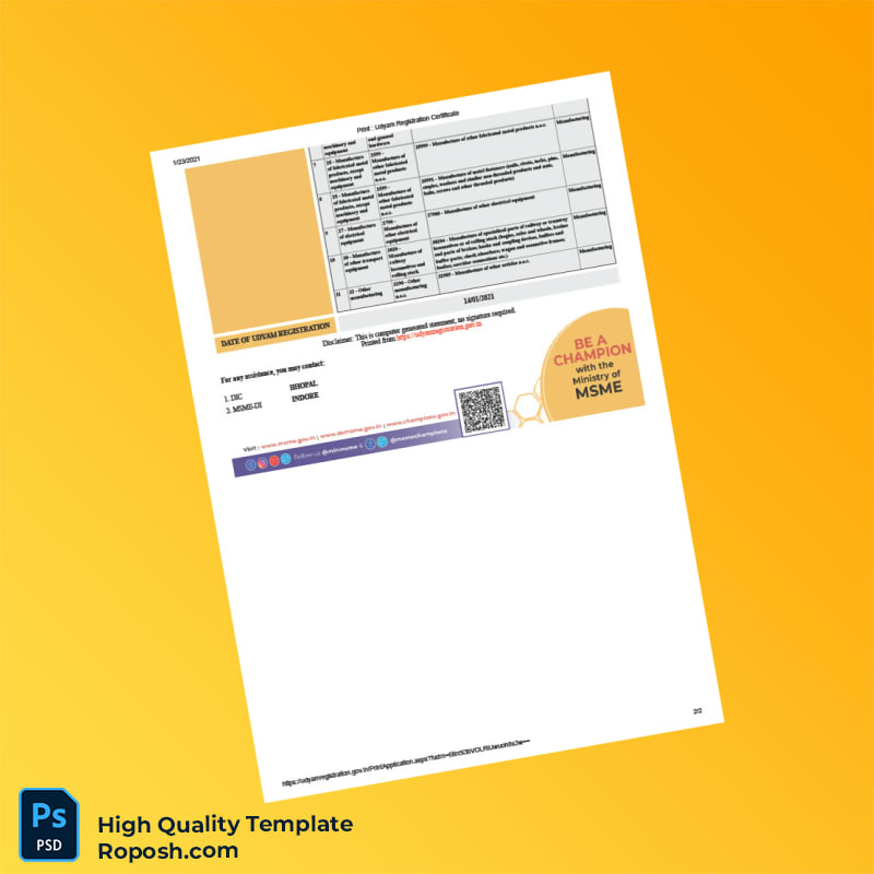 India Ministry of Micro Small and Medium Enterprises Udyam Registration Certificate in Word and PDF formats 2 page India Ministry of Micro Small and Medium Enterprises Udyam Registration Certificate in Word and PDF formats 2 page