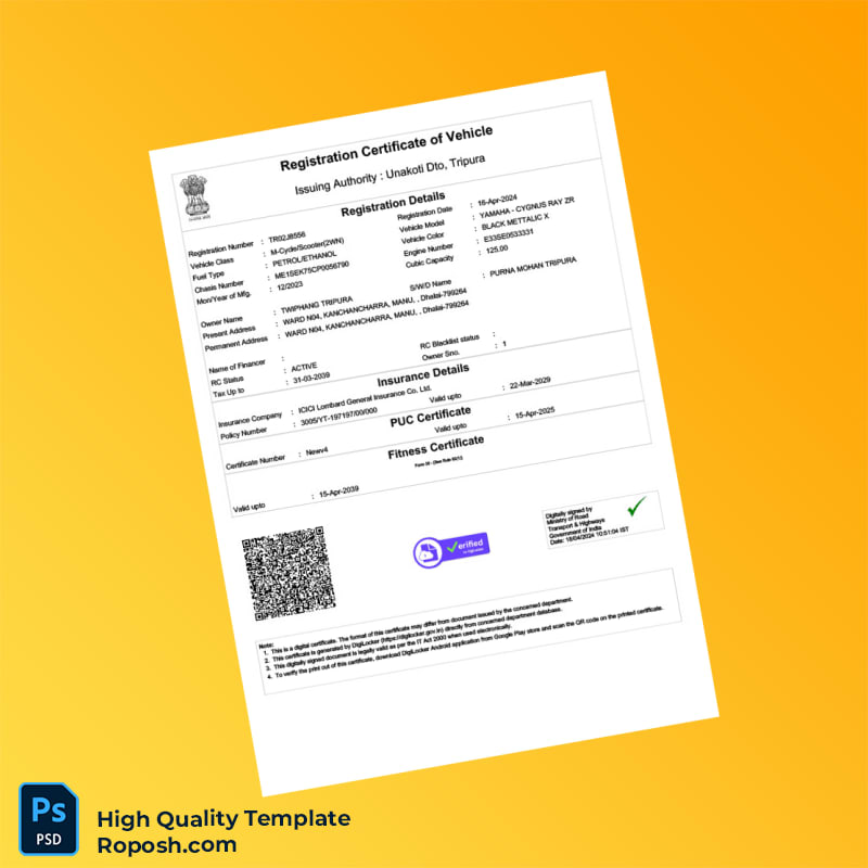 India Ministry of Road Transport Registration Certificate Template in Word and PDF formats India Ministry of Road Transport Registration Certificate Template in Word and PDF formats