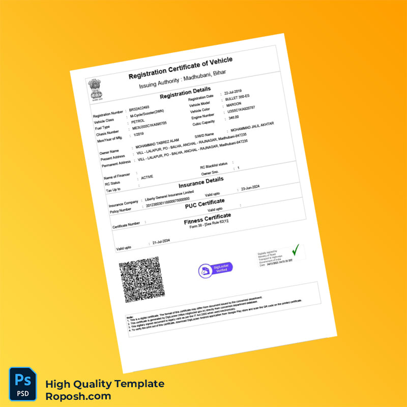 India Ministry of Road Transport and Highways Vehicle Registration Certificate Template in Word and PDF formats India Ministry of Road Transport and Highways Vehicle Registration Certificate Template in Word and PDF formats