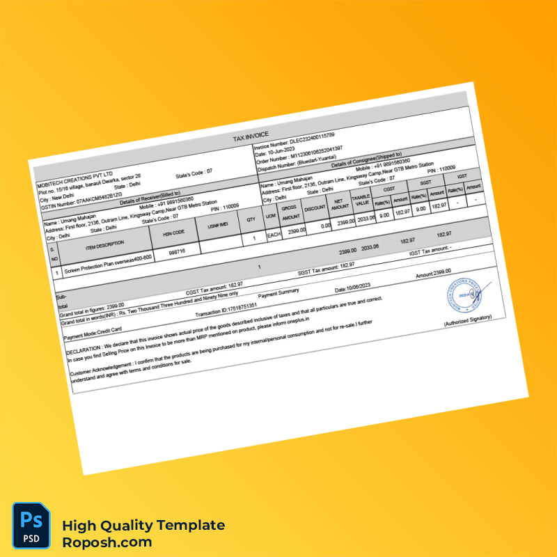 India Mobitech Creations Invoice Template in Word and PDF formats India Mobitech Creations Invoice Template in Word and PDF formats