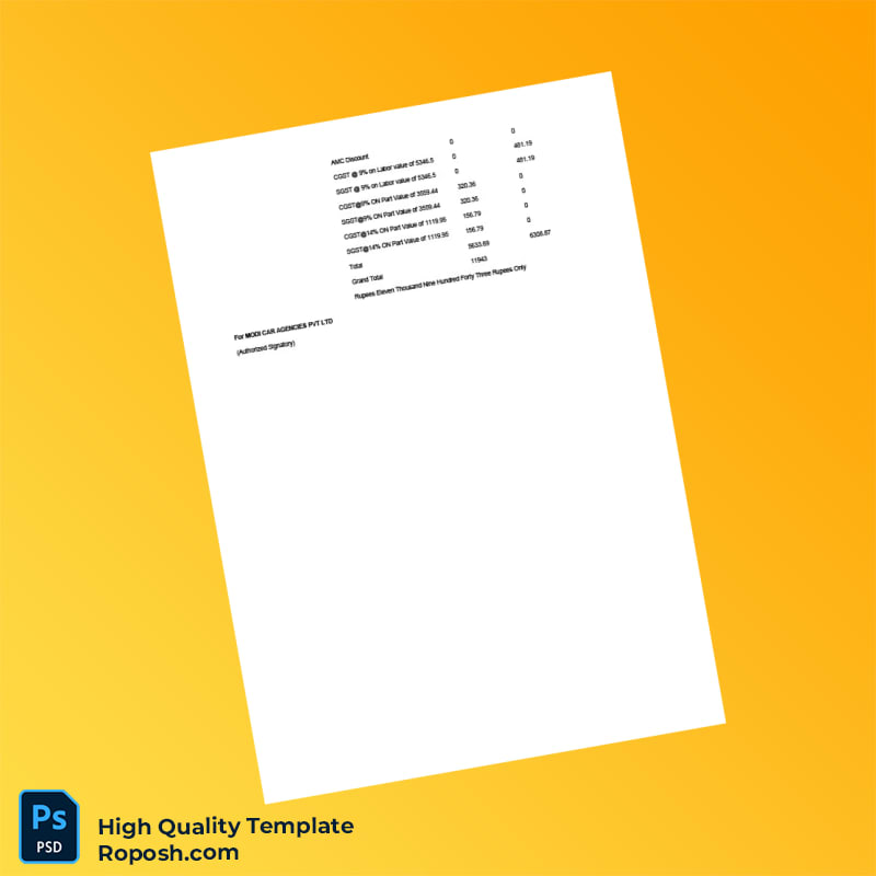 India Modi Car Agencies Pvt Ltd Invoice Template in Word and PDF formats 2 page India Modi Car Agencies Pvt Ltd Invoice Template in Word and PDF formats 2 page