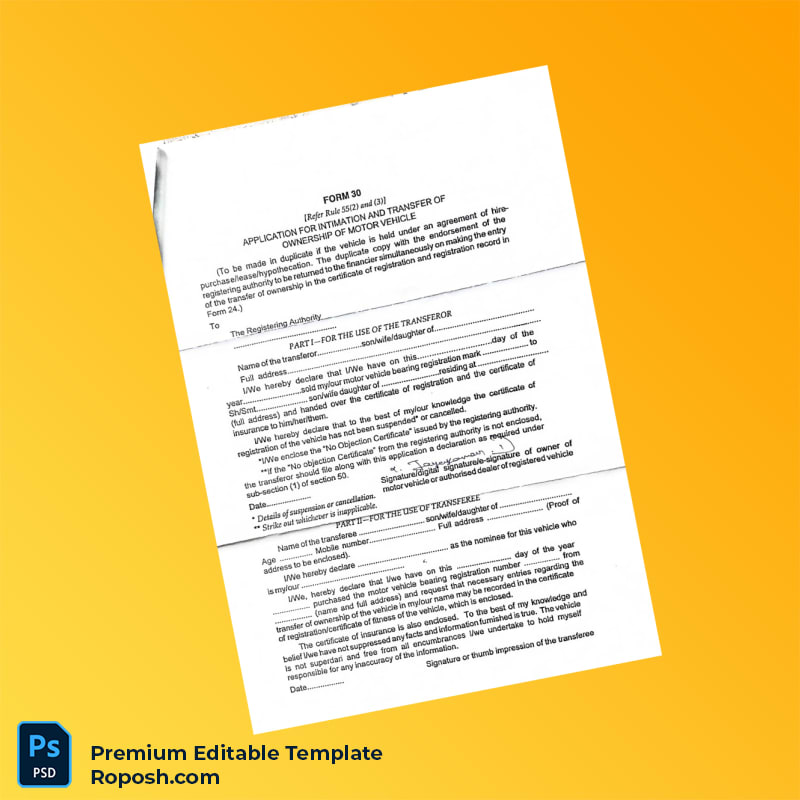 Customizable India Motor Vehicle Transfer of Ownership Certificate Editable Word & PDF Template 3 page Customizable India Motor Vehicle Transfer of Ownership Certificate Editable Word & PDF Template 3 page