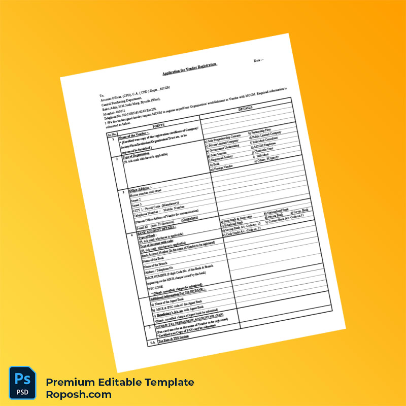 Customizable India Municipal Corporation of Greater Mumbai Vendor Registration Form Editable Word & PDF Template 3 page Customizable India Municipal Corporation of Greater Mumbai Vendor Registration Form Editable Word & PDF Template 3 page