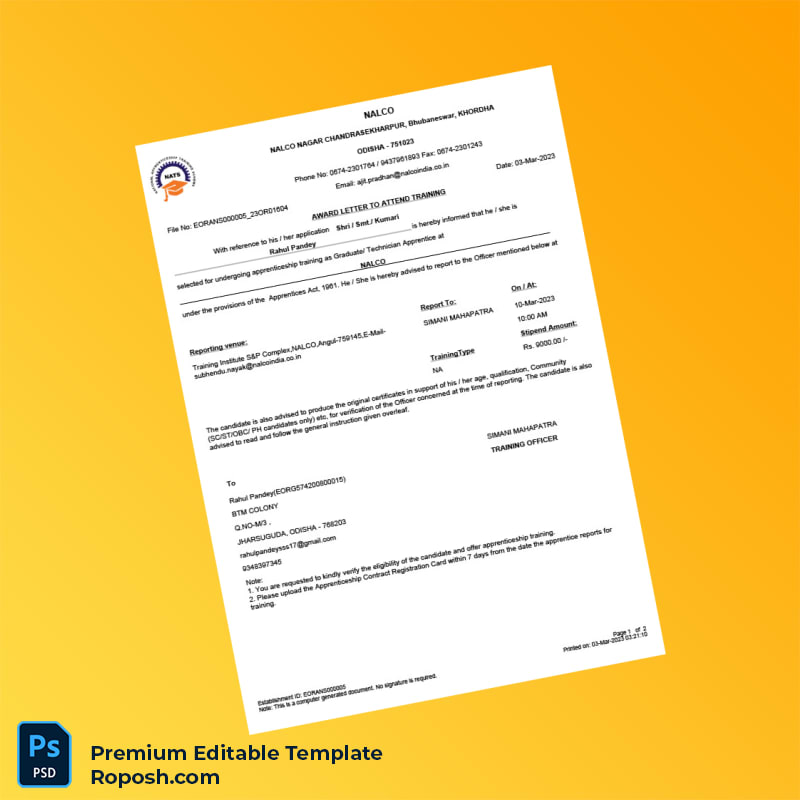 Customizable India NALCO Employment Verification Letter Word & PDF Template 2 page Customizable India NALCO Employment Verification Letter Word & PDF Template 2 page