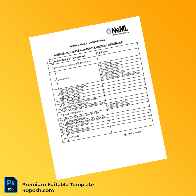 Customizable India NCDEX e Markets Limited Commodity Participant Registration Form Editable Word & PDF Template 5 page Customizable India NCDEX e Markets Limited Commodity Participant Registration Form Editable Word & PDF Template 5 page