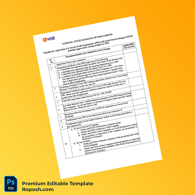 Customizable India NSE Checklist for Registration of Not-for-Profit Organization Editable Word & PDF Template 3 page Customizable India NSE Checklist for Registration of Not-for-Profit Organization Editable Word & PDF Template 3 page