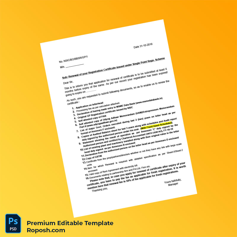 Customizable India NSIC Renewal Notice Editable Word & PDF Template 7 page Customizable India NSIC Renewal Notice Editable Word & PDF Template 7 page