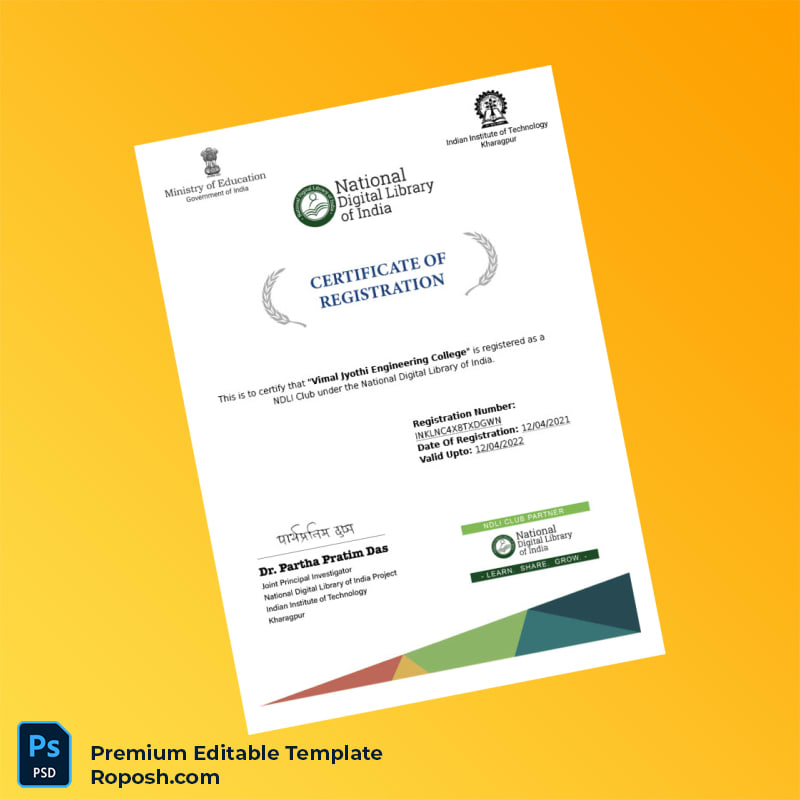Customizable India National Digital Library of India Registration Certificate Editable Word & PDF Template Customizable India National Digital Library of India Registration Certificate Editable Word & PDF Template