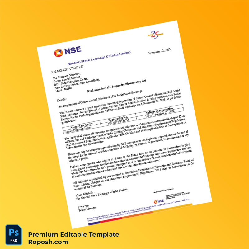 Customizable India National Stock Exchange Registration Certificate Editable Word & PDF Template Customizable India National Stock Exchange Registration Certificate Editable Word & PDF Template