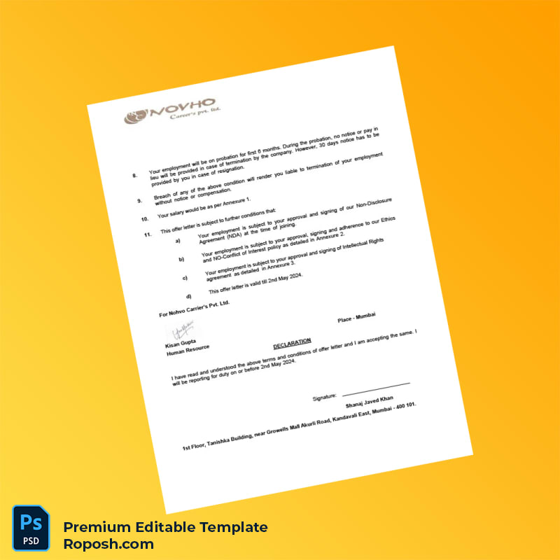 Customizable India Novho Careers Pvt Ltd Employment Offer Letter Word & PDF Template 4 page Customizable India Novho Careers Pvt Ltd Employment Offer Letter Word & PDF Template 4 page