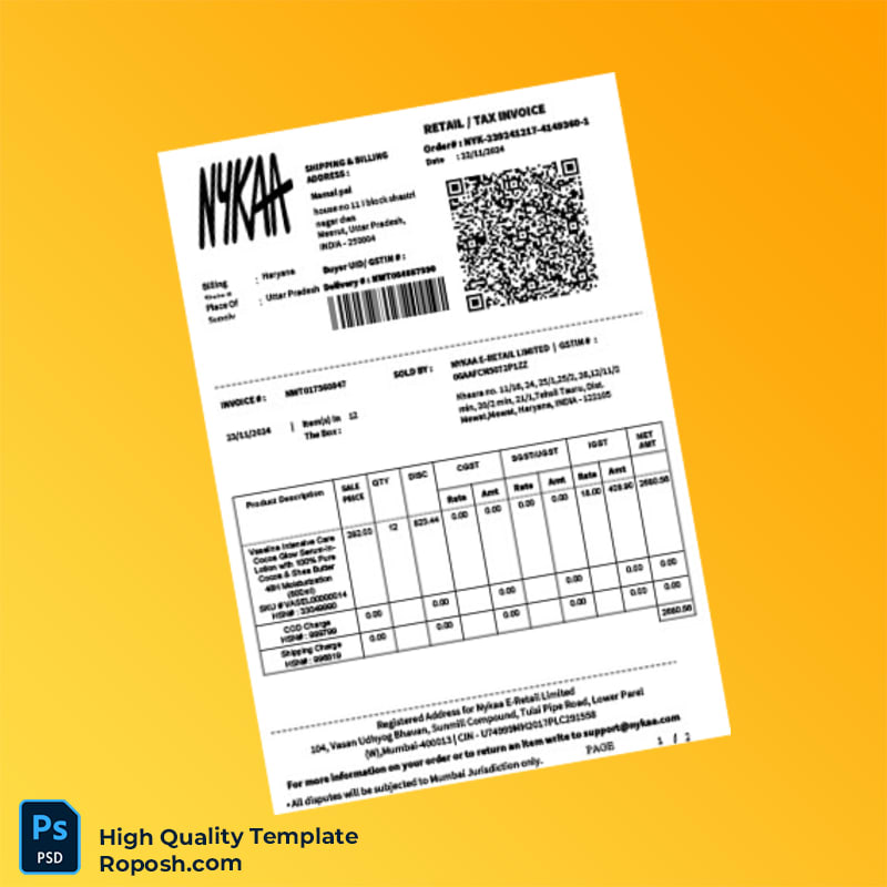India Nykaa E-Retail Invoice Template in Word and PDF formats 2 page India Nykaa E-Retail Invoice Template in Word and PDF formats 2 page