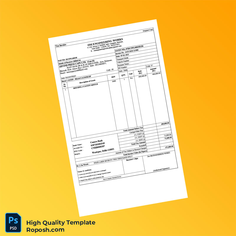 India OM Engineering Works Tax Invoice Template in Word and PDF formats India OM Engineering Works Tax Invoice Template in Word and PDF formats