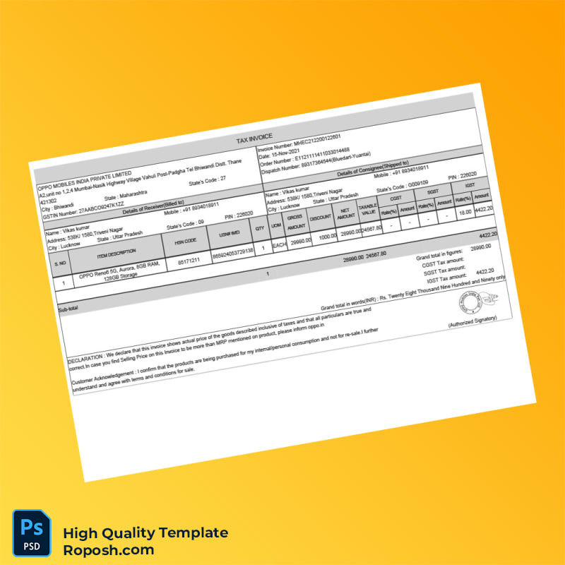India OPPO Mobiles India Private Limited Tax Invoice Template in Word and PDF formats India OPPO Mobiles India Private Limited Tax Invoice Template in Word and PDF formats