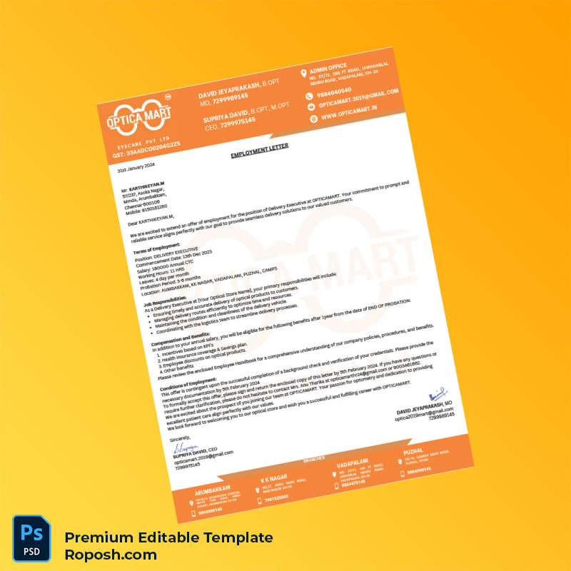 Customizable India OPTIC MART Employment Verification Letter Word & PDF Template 3 page Customizable India OPTIC MART Employment Verification Letter Word & PDF Template 3 page