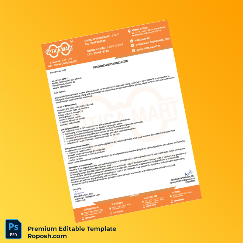 Customizable India OPTIC MART Employment Verification Letter Word & PDF Template 3 page Customizable India OPTIC MART Employment Verification Letter Word & PDF Template 3 page