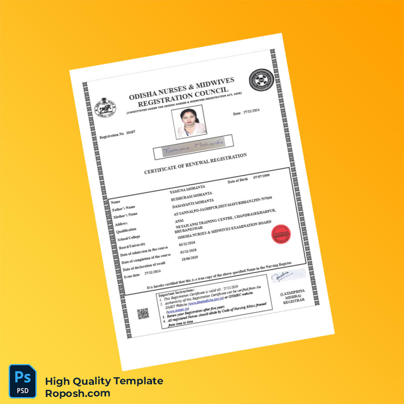 India Odisha Nurses Midwives Registration Council Certificate of Renewal Registration Template in Word and PDF formats India Odisha Nurses Midwives Registration Council Certificate of Renewal Registration Template in Word and PDF formats