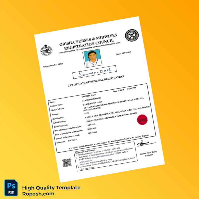 India Odisha Nurses Midwives Registration Council Nursing Registration Certificate Template in Word and PDF formats India Odisha Nurses Midwives Registration Council Nursing Registration Certificate Template in Word and PDF formats