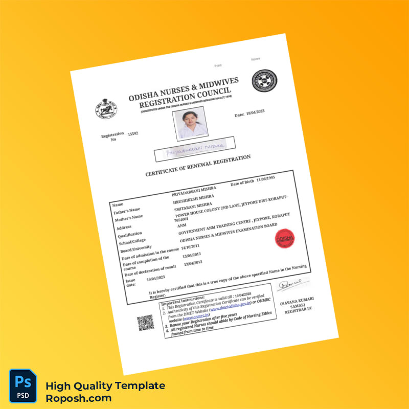 India Odisha Nurses Midwives Registration Council Renewal Registration Certificate Template in Word and PDF formats India Odisha Nurses Midwives Registration Council Renewal Registration Certificate Template in Word and PDF formats