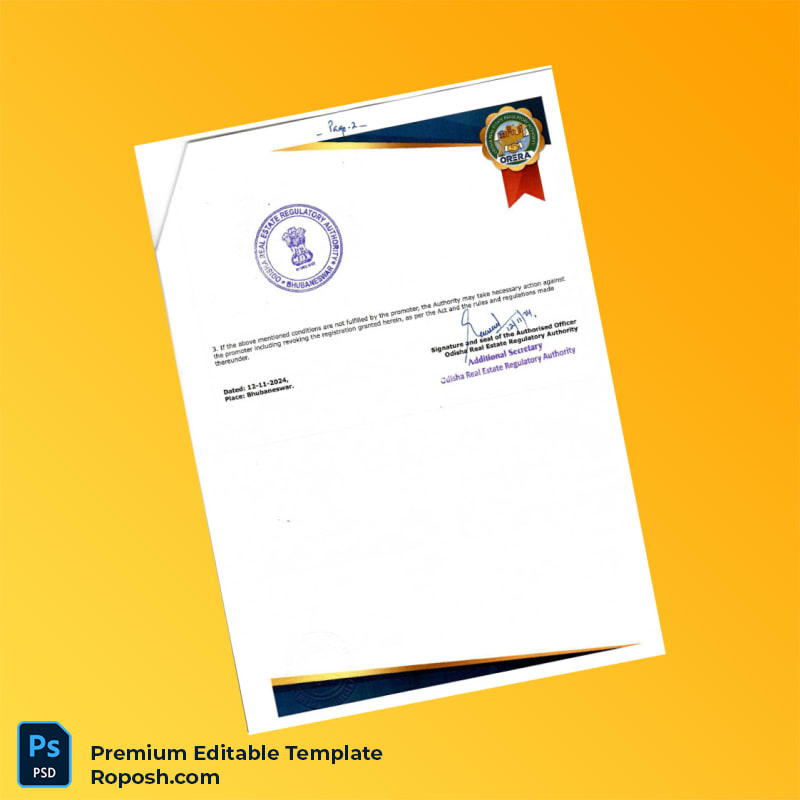 Customizable India Odisha Real Estate Regulatory Authority Registration Certificate Editable Word & PDF Template 2 page Customizable India Odisha Real Estate Regulatory Authority Registration Certificate Editable Word & PDF Template 2 page