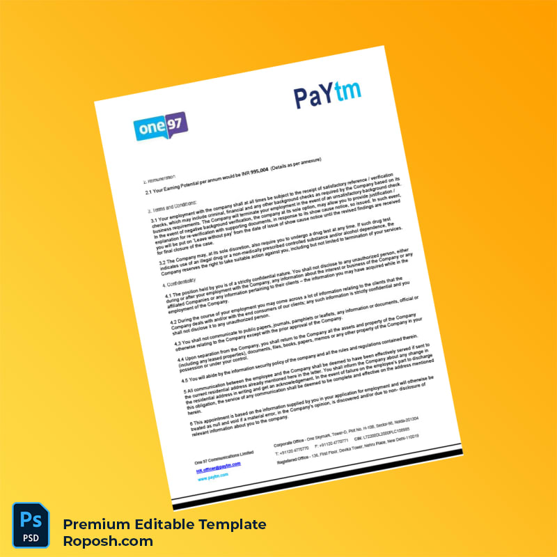 Customizable India One97 Communications Ltd Employment Verification Letter Word & PDF Template 4 page Customizable India One97 Communications Ltd Employment Verification Letter Word & PDF Template 4 page