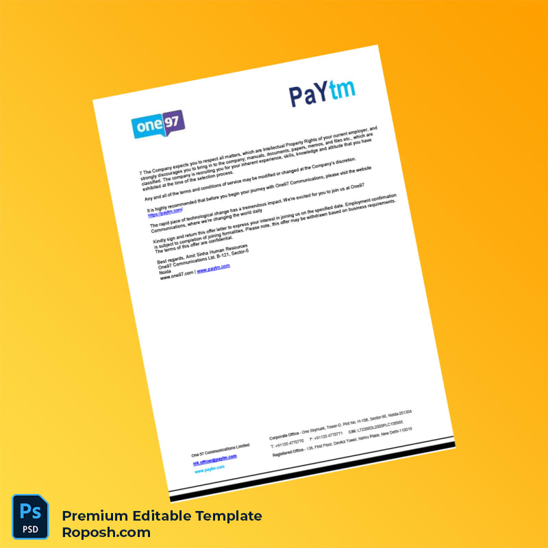 Customizable India One97 Communications Ltd Employment Verification Letter Word & PDF Template 4 page Customizable India One97 Communications Ltd Employment Verification Letter Word & PDF Template 4 page