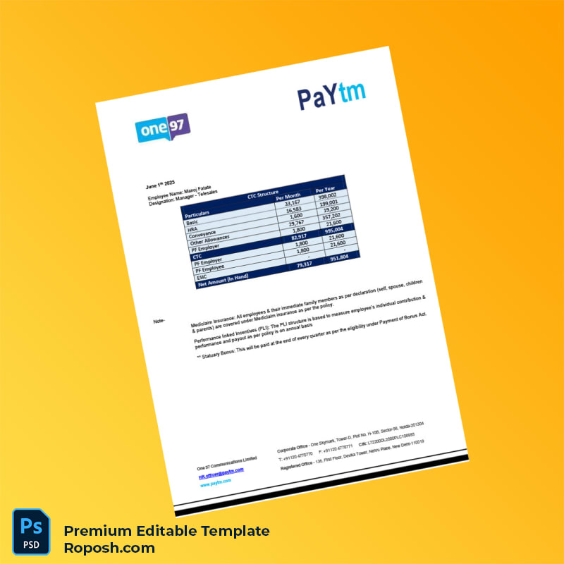 Customizable India One97 Communications Ltd Employment Verification Letter Word & PDF Template 4 page Customizable India One97 Communications Ltd Employment Verification Letter Word & PDF Template 4 page