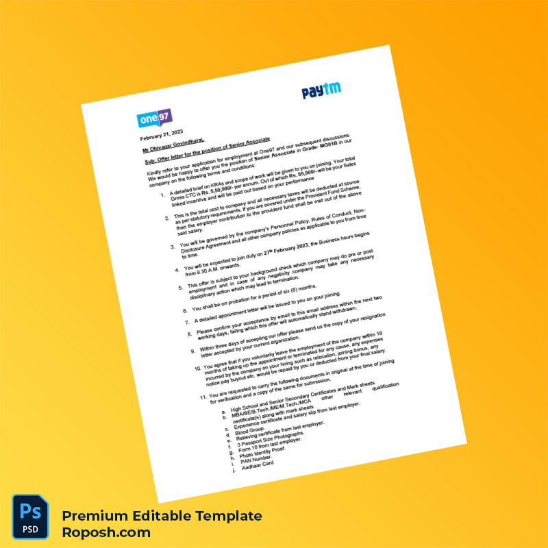 Customizable India One97 Communications Ltd Employment Verification Letter Word & PDF Template 3 page Customizable India One97 Communications Ltd Employment Verification Letter Word & PDF Template 3 page