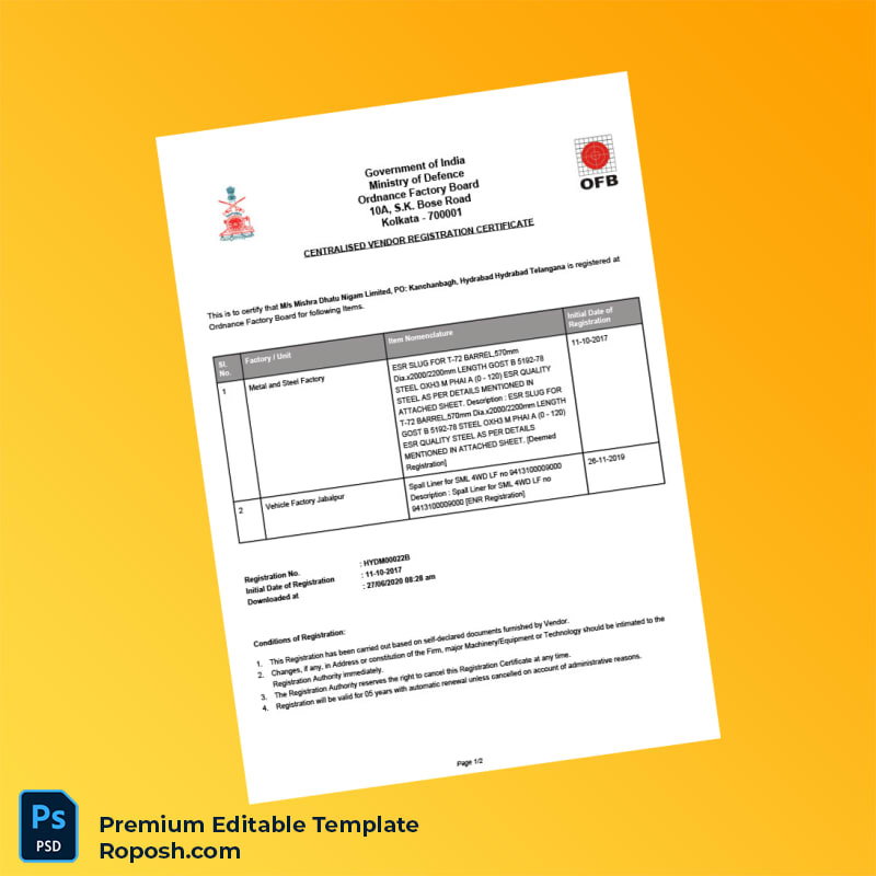 India Ordnance Factory Board Editable Centralised Vendor Registration Certificate Editable Word & PDF Template 2 page India Ordnance Factory Board Editable Centralised Vendor Registration Certificate Editable Word & PDF Template 2 page