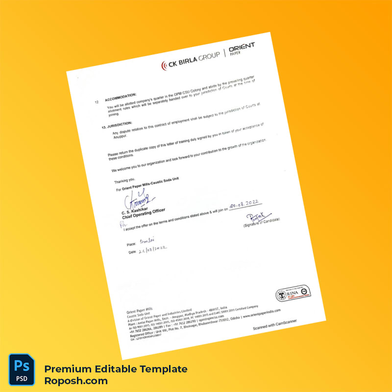 Customizable India Orient Paper Mills Appointment Letter Word & PDF Template 3 page Customizable India Orient Paper Mills Appointment Letter Word & PDF Template 3 page