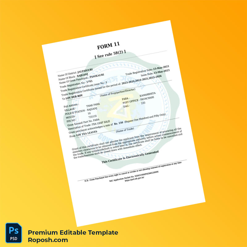 Customizable India P RD Trade Registration Certificate Editable Word & PDF Template Customizable India P RD Trade Registration Certificate Editable Word & PDF Template