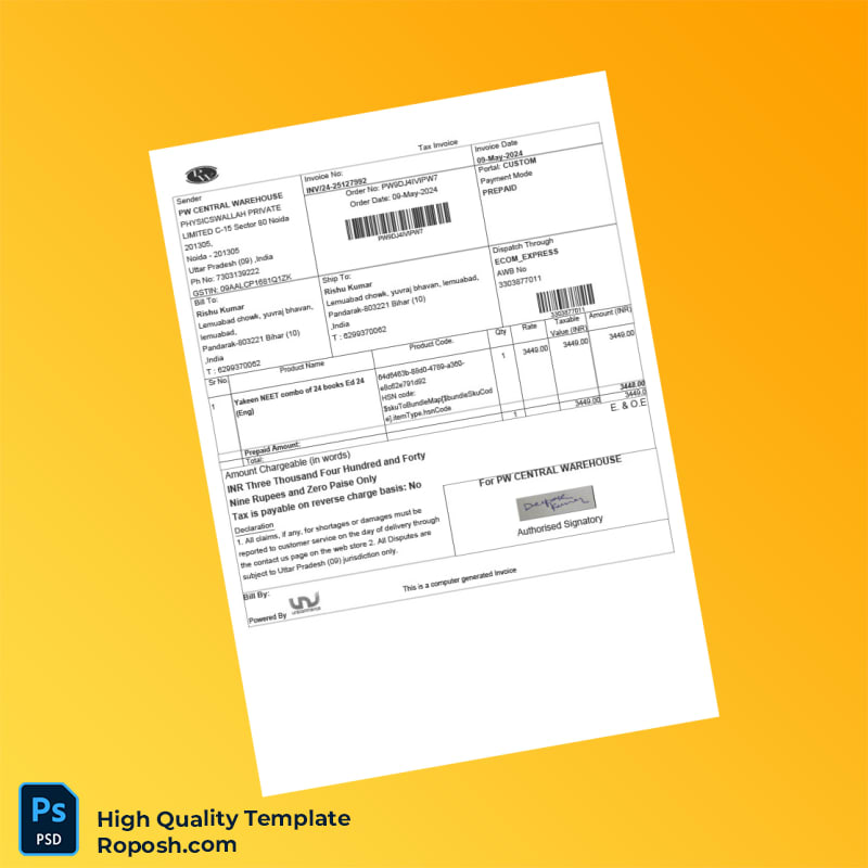 India PW Central Warehouse Tax Invoice Template in Word and PDF formats India PW Central Warehouse Tax Invoice Template in Word and PDF formats