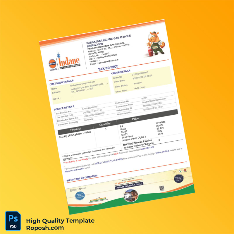 India Parbatsar Indane Gas Service Tax Invoice Template in Word and PDF formats 2 page India Parbatsar Indane Gas Service Tax Invoice Template in Word and PDF formats 2 page