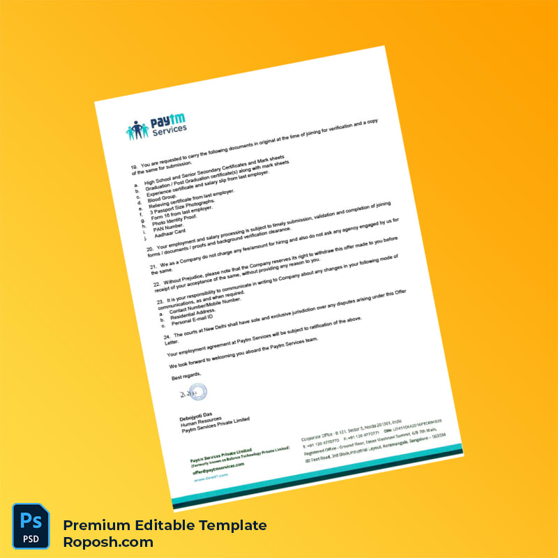 Customizable India Paytm Services Private Limited Employment Verification Letter Word & PDF Template 4 page Customizable India Paytm Services Private Limited Employment Verification Letter Word & PDF Template 4 page