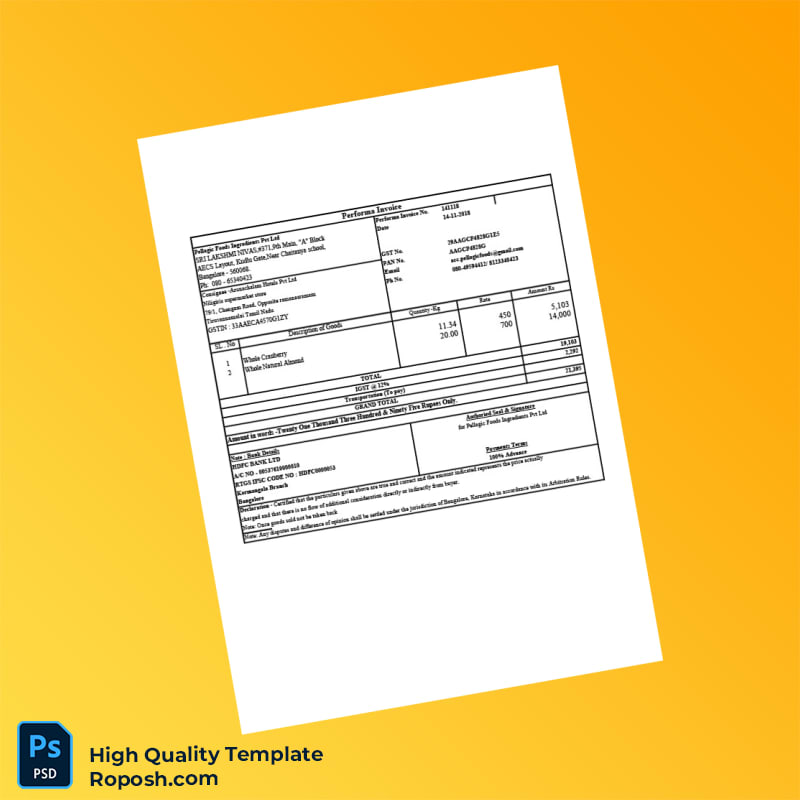 India Pellagic Foods Ingredients Pvt Ltd Proforma Invoice Template in Word and PDF formats India Pellagic Foods Ingredients Pvt Ltd Proforma Invoice Template in Word and PDF formats