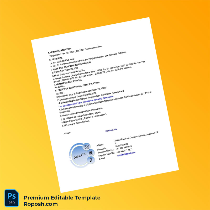 Customizable India Pharmacy Registration Certificate Editable Word & PDF Template 2 page Customizable India Pharmacy Registration Certificate Editable Word & PDF Template 2 page