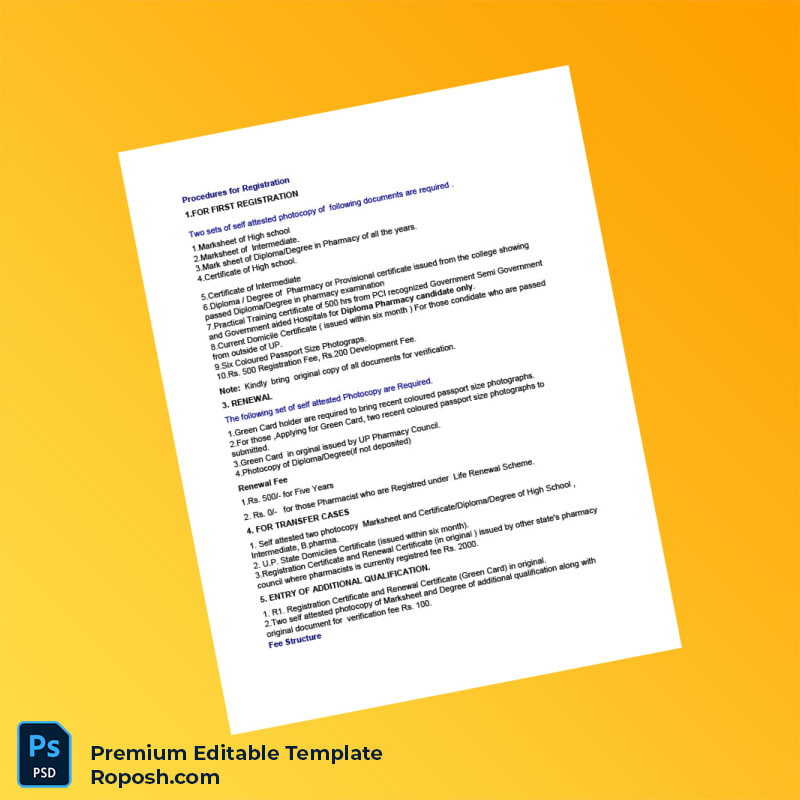 Customizable India Pharmacy Registration Certificate Editable Word & PDF Template 2 page Customizable India Pharmacy Registration Certificate Editable Word & PDF Template 2 page