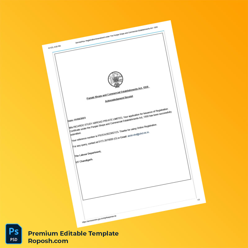 Customizable India Punjab Shops and Commercial Establishments Act Acknowledgment Receipt Editable Word & PDF Template 3 page Customizable India Punjab Shops and Commercial Establishments Act Acknowledgment Receipt Editable Word & PDF Template 3 page