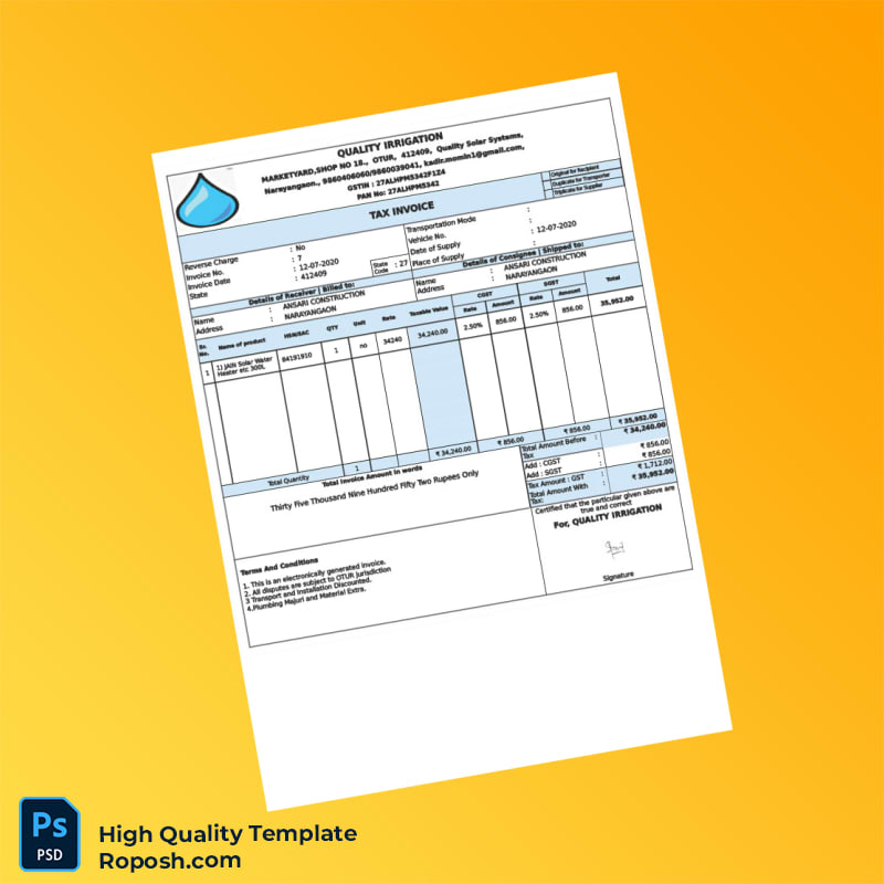 India Quality Irrigation Tax Invoice Template in Word and PDF formats India Quality Irrigation Tax Invoice Template in Word and PDF formats